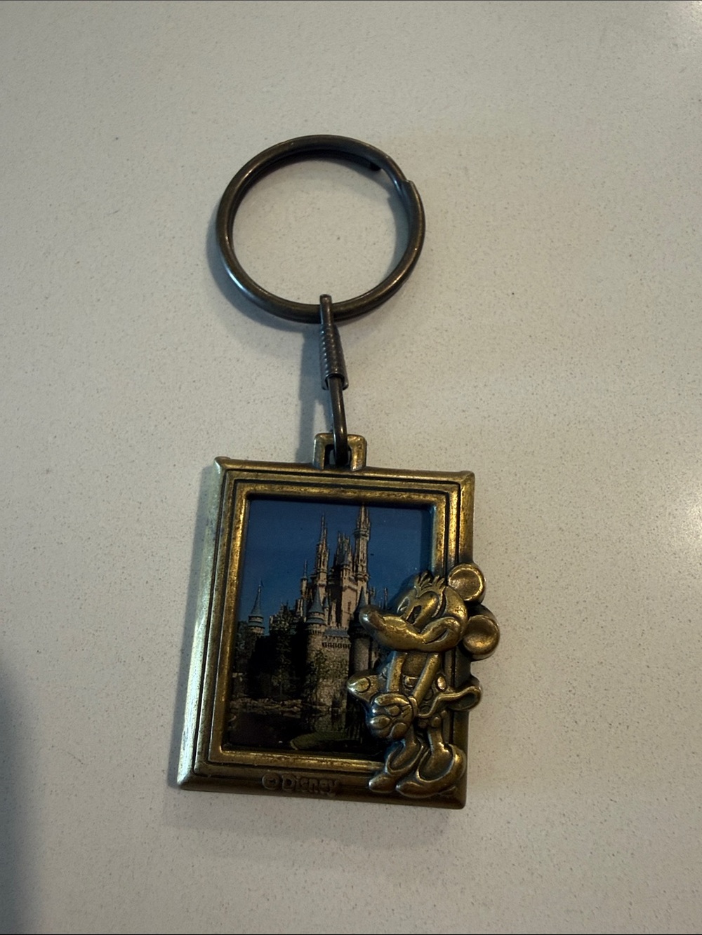Disney Bronze-Tone Mickey Mouse Picture Frame Keychain with Blue Castle Image